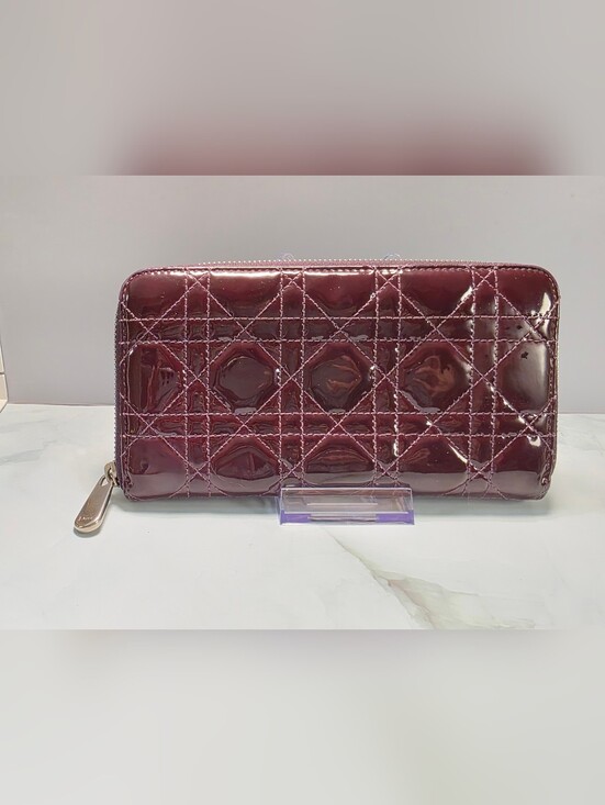 Dior Handbags - Christian Dior Cannage Patent Leather Zip Around Wallet Burgundy | COA